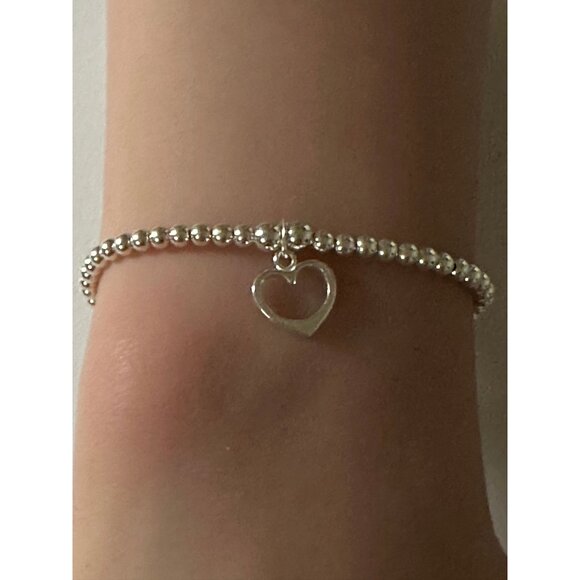 925 Sterling Silver Beaded Stretch Stacking Bracelet Heart Charm Minimalist S7" - Picture 4 of 5